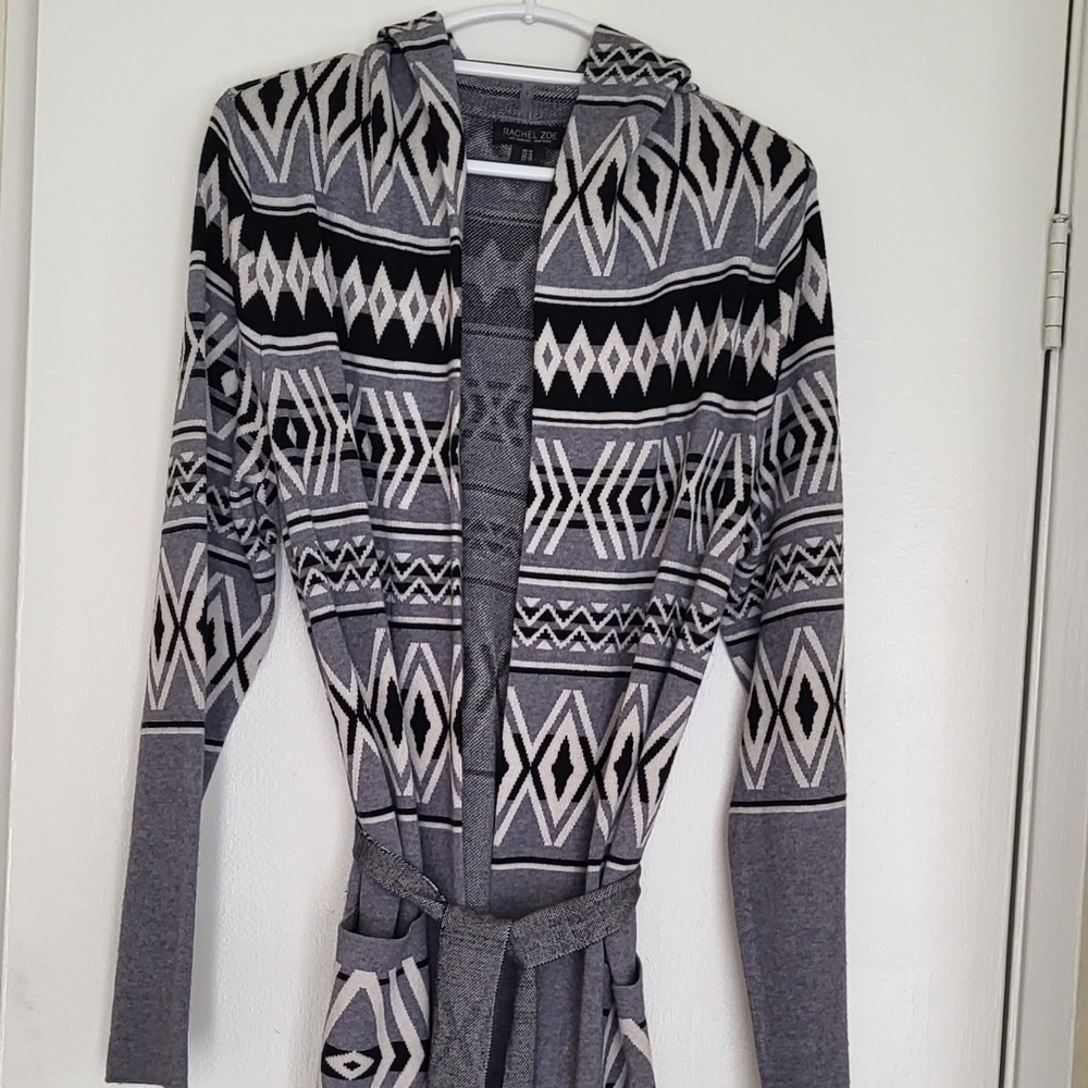 Rachel Zoe Aztec Patterned Hooded Cardigan Belted Womens 1X